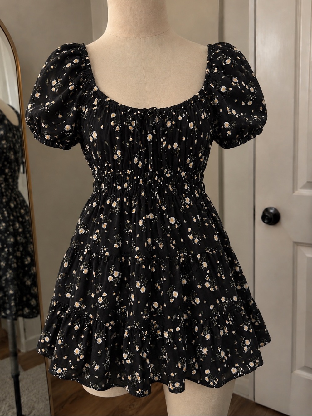 Black Floral Puff-Sleeve Dress